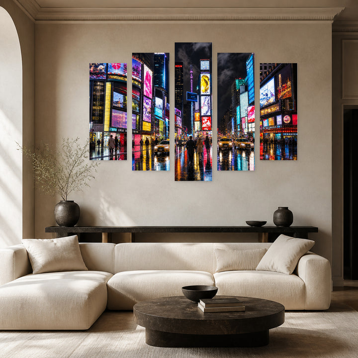 Night View of Times Square Urban Panorama — five-panel wall art in alternate frontal interior | 5wallart 52066 M4