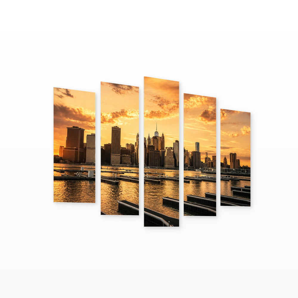 Manhattan Buildings in Retro Style at Golden Sunset — five-panel wall art on white background in perspective | 5wallart 52070 M1