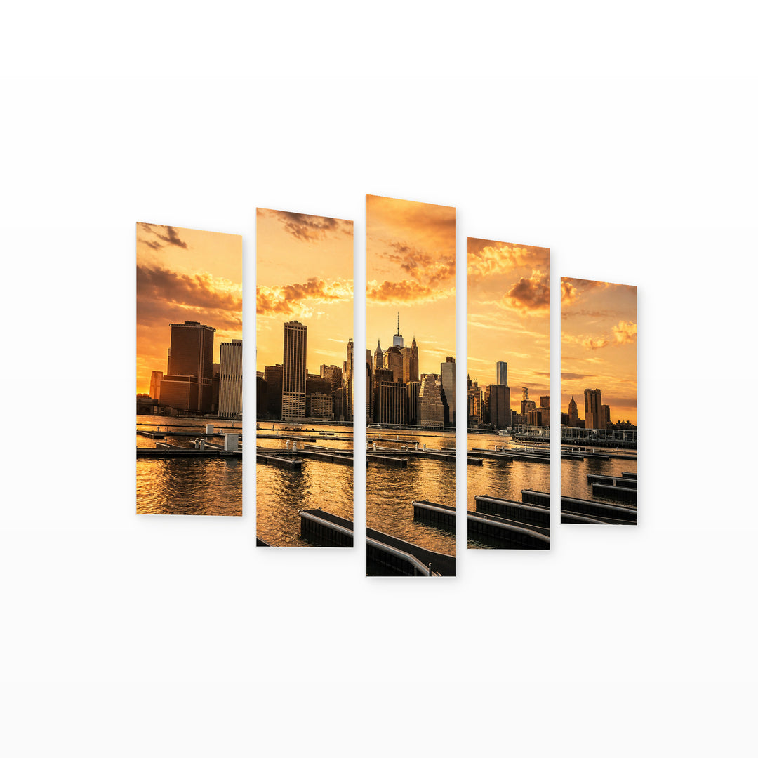Manhattan Buildings in Retro Style at Golden Sunset — five-panel wall art on white background in perspective | 5wallart 52070 M1