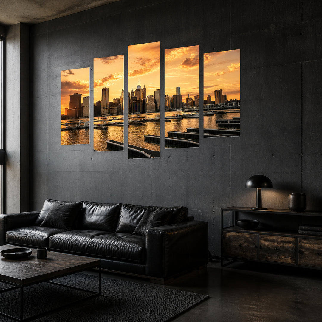 Manhattan Buildings in Retro Style at Golden Sunset — five-panel wall art in perspective interior | 5wallart 52070 M2