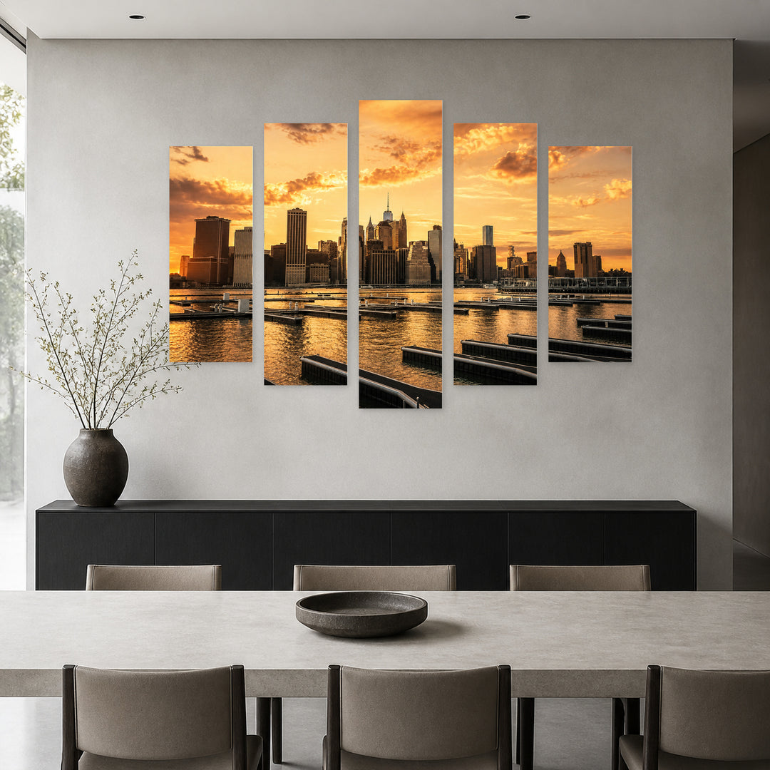 Manhattan Buildings in Retro Style at Golden Sunset — five-panel wall art in frontal interior | 5wallart 52070 M3