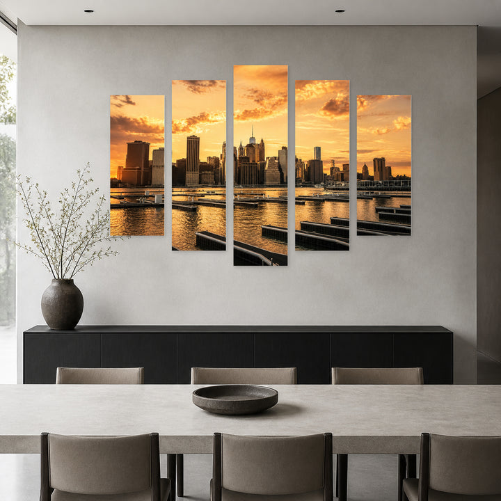 Manhattan Buildings in Retro Style at Golden Sunset — five-panel wall art in frontal interior | 5wallart 52070 M3