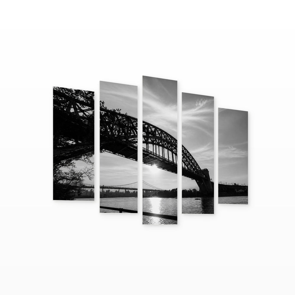 Bridge and the Sun's Reflection on the River — five-panel wall art on white background in perspective | 5wallart 52071 M1