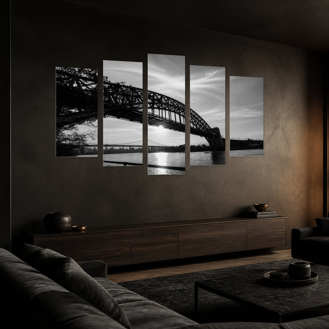 Bridge and the Sun's Reflection on the River — five-panel wall art in perspective interior | 5wallart 52071 M2