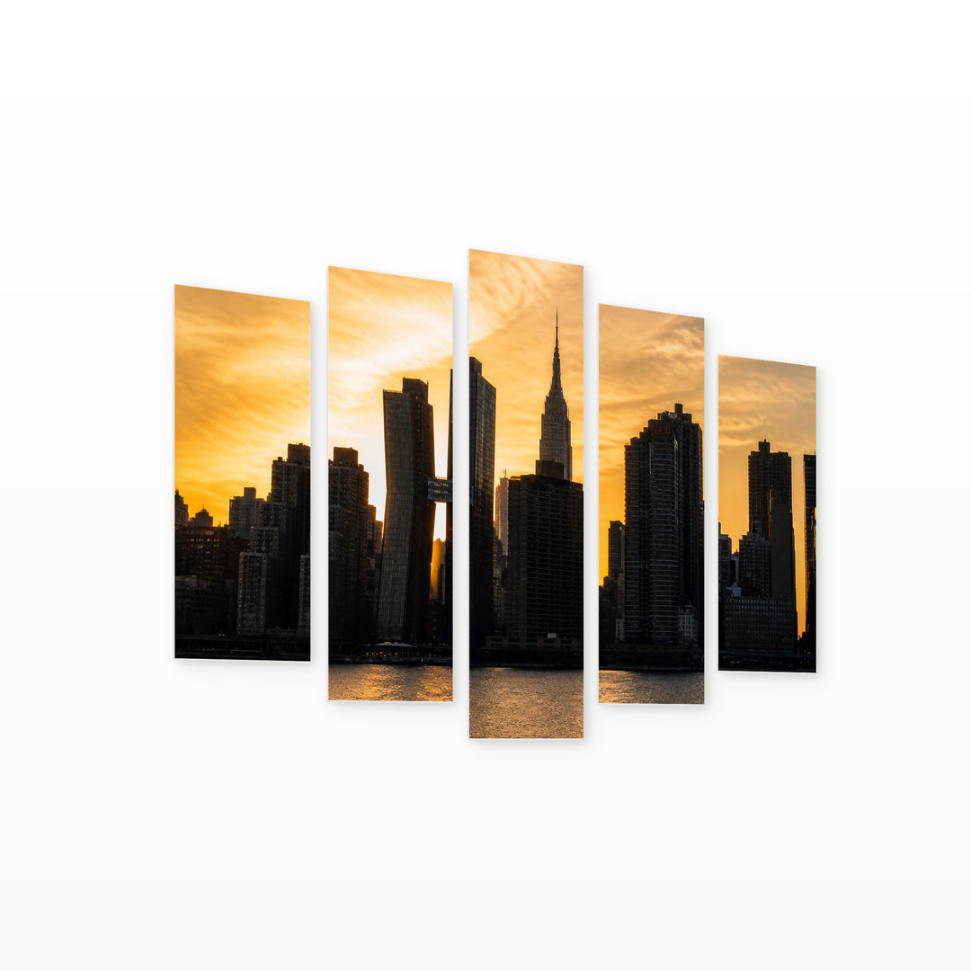 Silhouettes of Buildings in Manhattan at Golden Sunset — five-panel wall art on white background in perspective | 5wallart 52072 M1