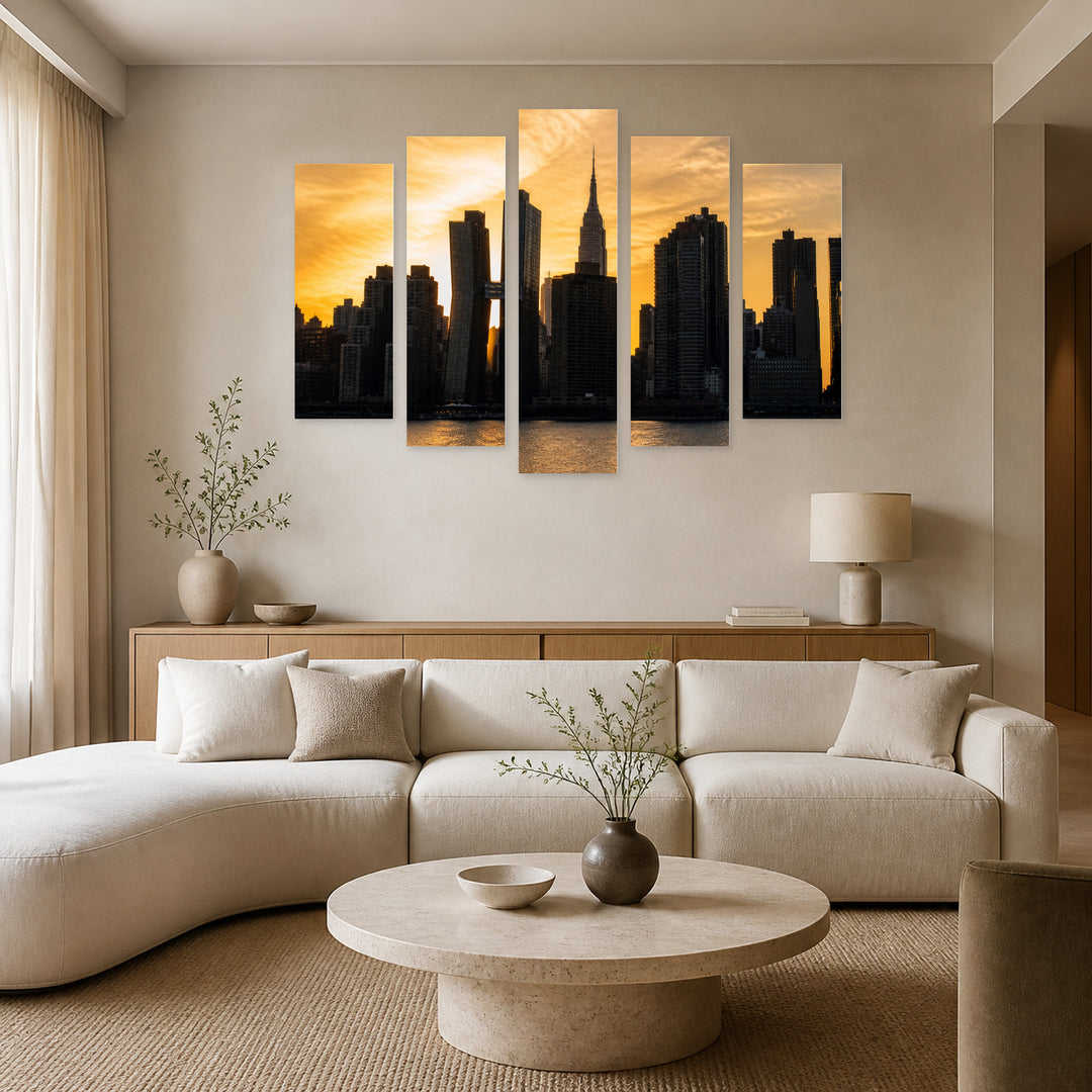 Silhouettes of Buildings in Manhattan at Golden Sunset — five-panel wall art in alternate frontal interior | 5wallart 52072 M4
