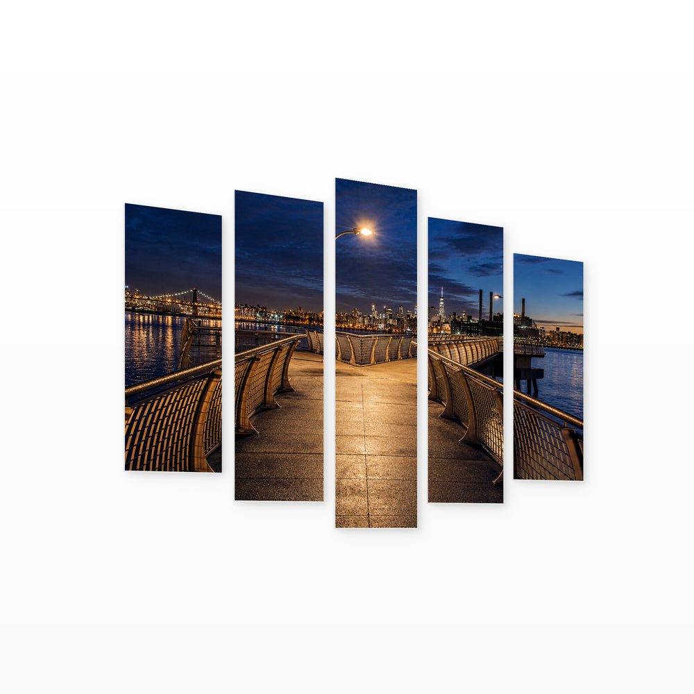 Night Pier in Brooklyn in Blue and Gold — five-panel wall art on white background in perspective | 5wallart 52074 M1