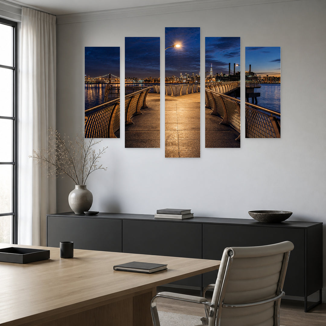 Night Pier in Brooklyn in Blue and Gold — five-panel wall art in frontal interior | 5wallart 52074 M3