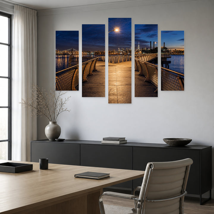 Night Pier in Brooklyn in Blue and Gold — five-panel wall art in frontal interior | 5wallart 52074 M3