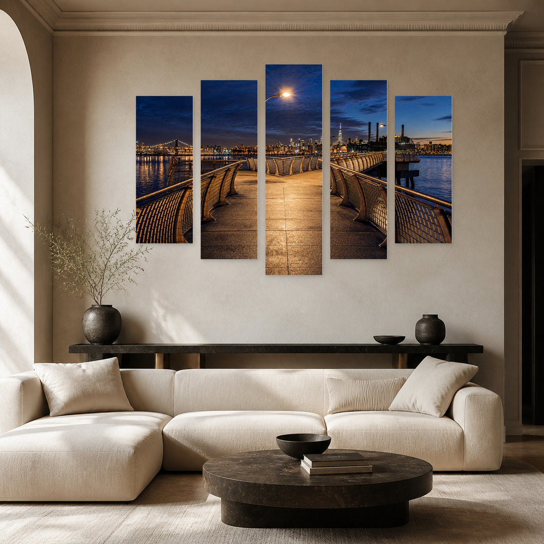 Night Pier in Brooklyn in Blue and Gold — five-panel wall art in alternate frontal interior | 5wallart 52074 M4