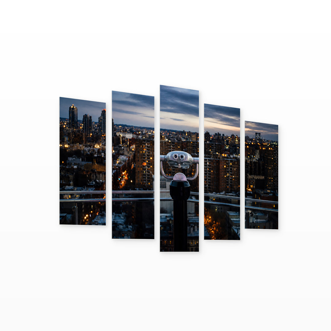 Rooftop Balcony with a View at Night — five-panel wall art on white background in perspective | 5wallart 52075 M1