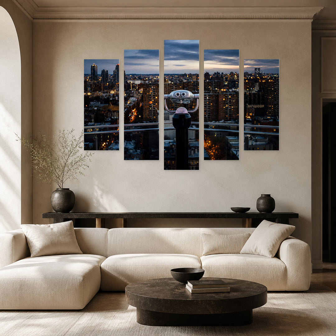 Rooftop Balcony with a View at Night — five-panel wall art in frontal interior | 5wallart 52075 M3