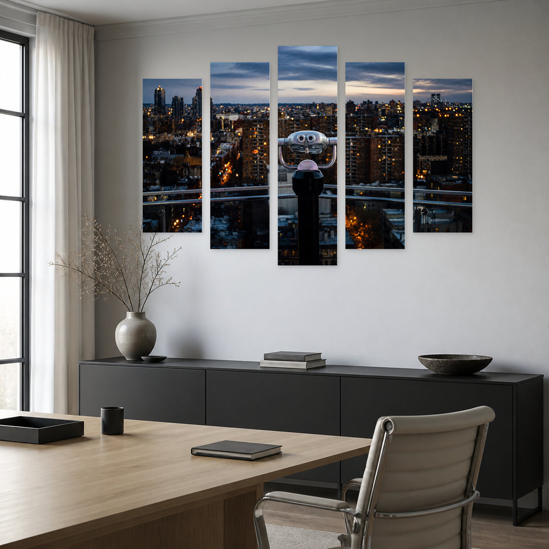 Rooftop Balcony with a View at Night — five-panel wall art in alternate frontal interior | 5wallart 52075 M4