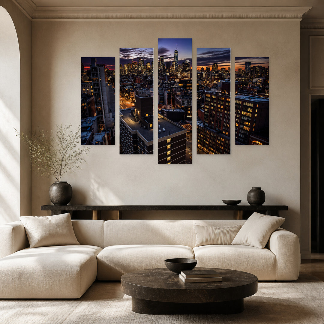 Aerial View of Manhattan at Night — five-panel wall art in alternate frontal interior | 5wallart 52076 M4