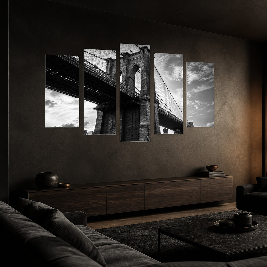 Brooklyn Bridge in Retro Style in Serene Light — five-panel wall art in perspective interior | 5wallart 52077 M2