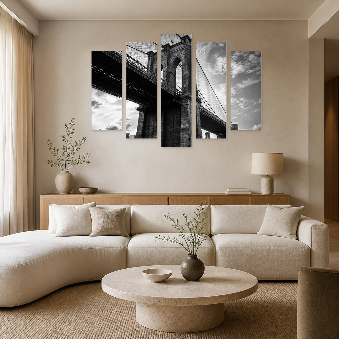 Brooklyn Bridge in Retro Style in Serene Light — five-panel wall art in frontal interior | 5wallart 52077 M3