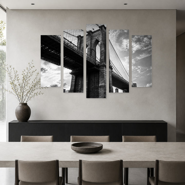 Brooklyn Bridge in Retro Style in Serene Light — five-panel wall art in alternate frontal interior | 5wallart 52077 M4