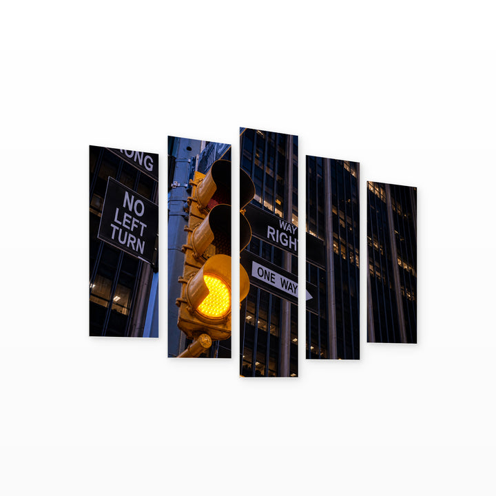 Yellow Traffic Light in NY at Night — five-panel wall art on white background in perspective | 5wallart 52081 M1