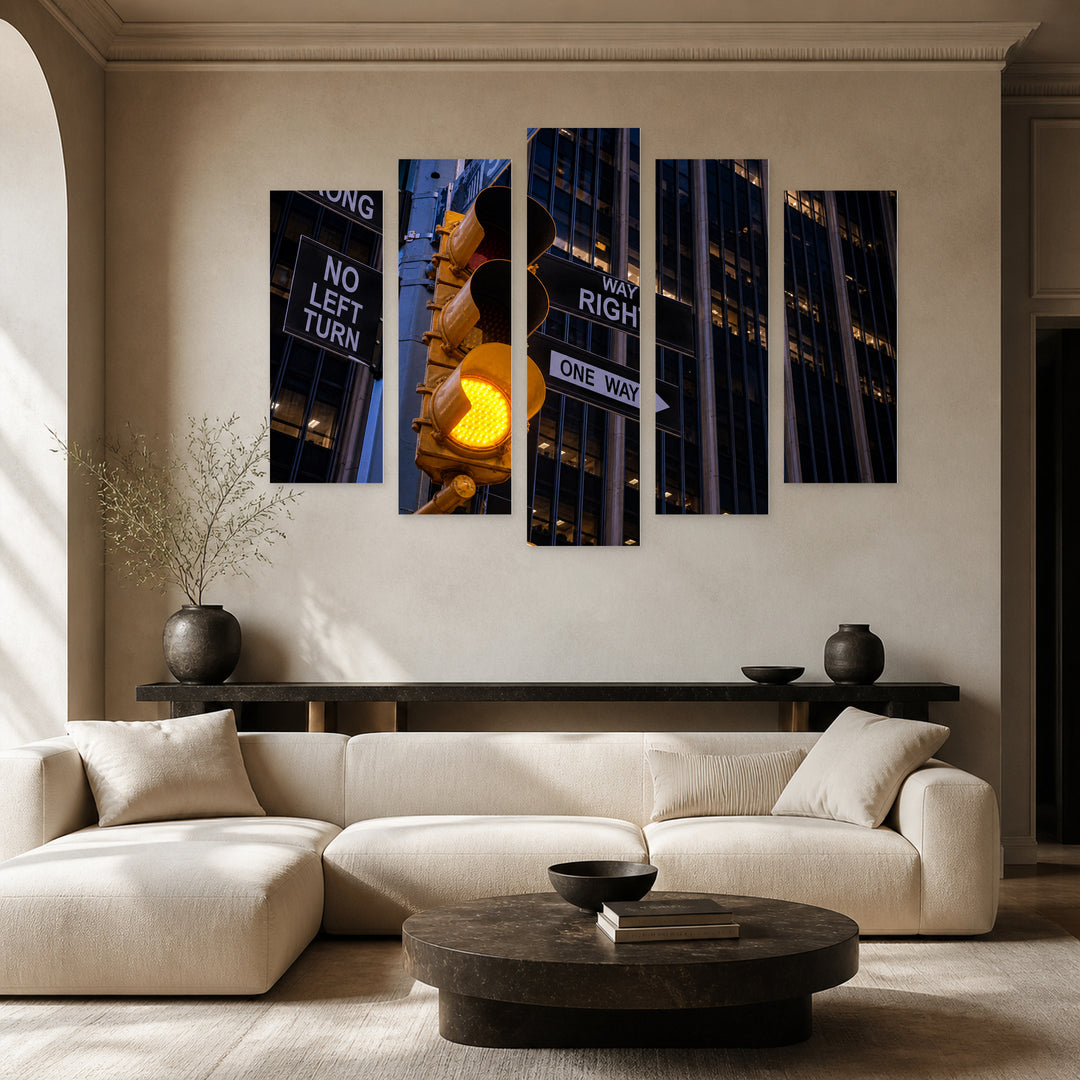Yellow Traffic Light in NY at Night — five-panel wall art in frontal interior | 5wallart 52081 M3
