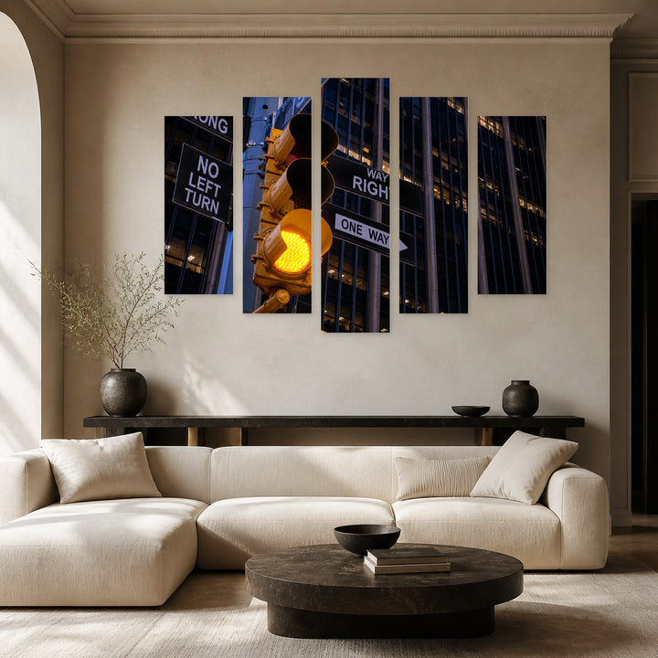 Yellow Traffic Light in NY at Night — five-panel wall art in frontal interior | 5wallart 52081 M3