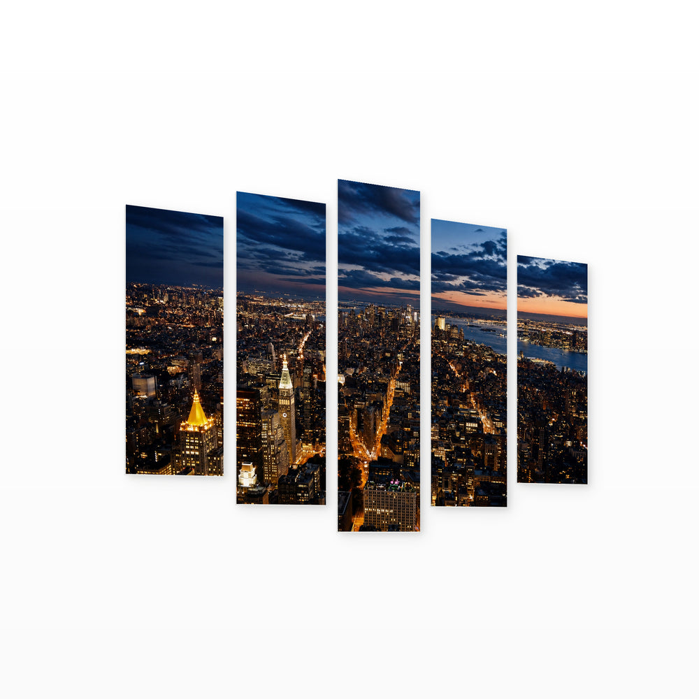 View of Downtown New York After Dark — five-panel wall art on white background in perspective | 5wallart 52082 M1