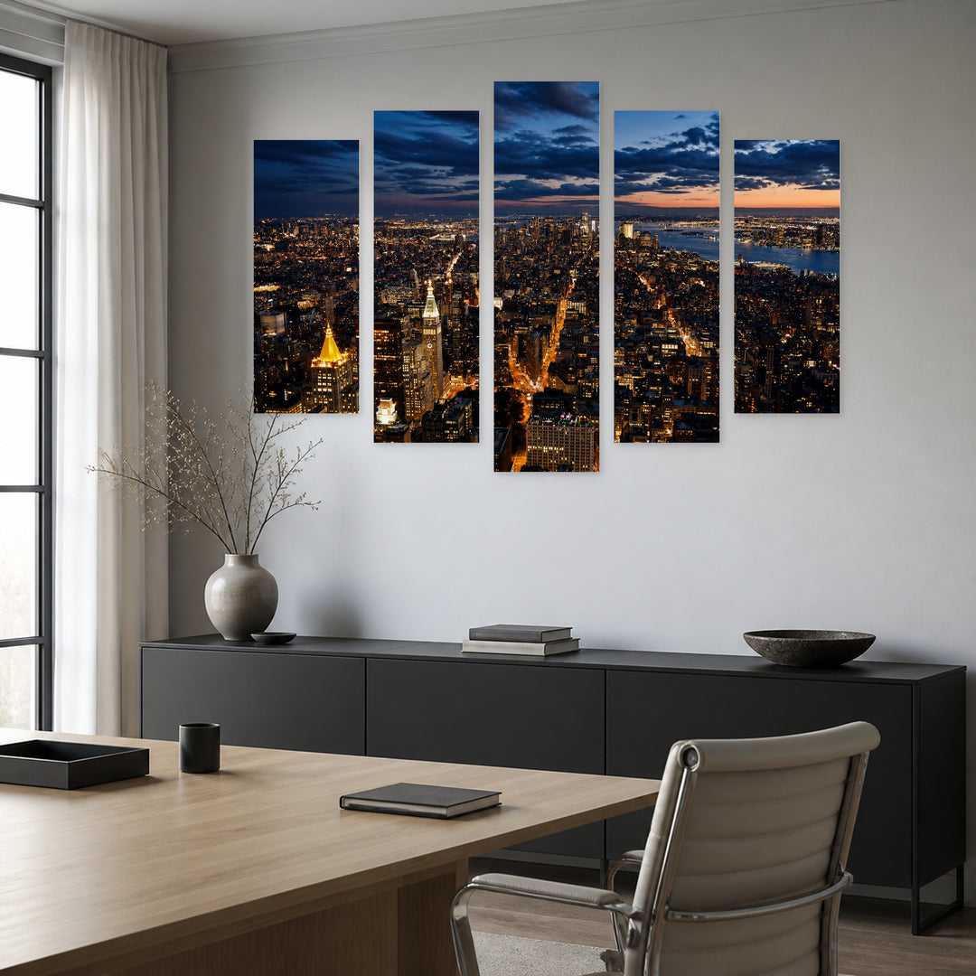 View of Downtown New York After Dark — five-panel wall art in frontal interior | 5wallart 52082 M3