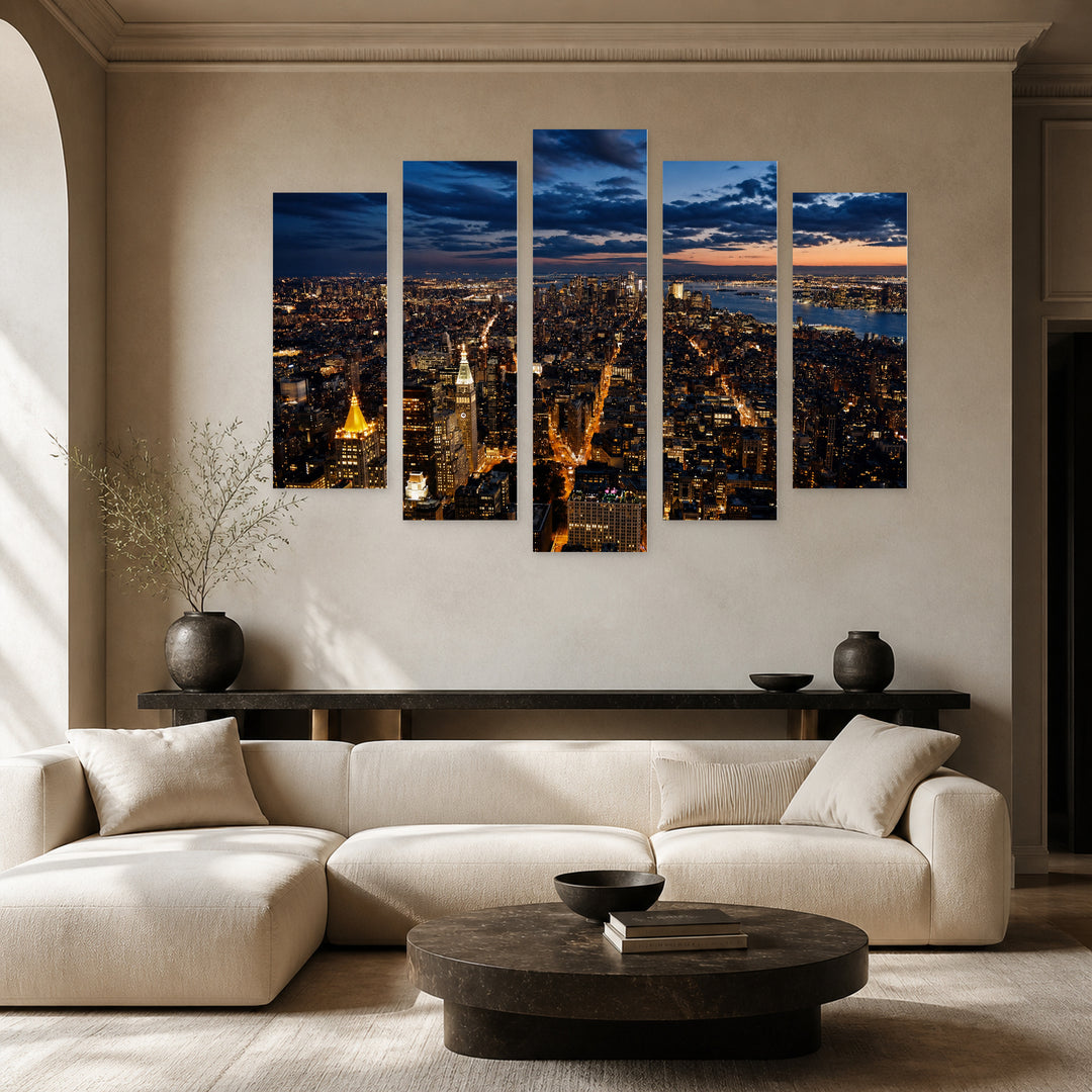 View of Downtown New York After Dark — five-panel wall art in alternate frontal interior | 5wallart 52082 M4