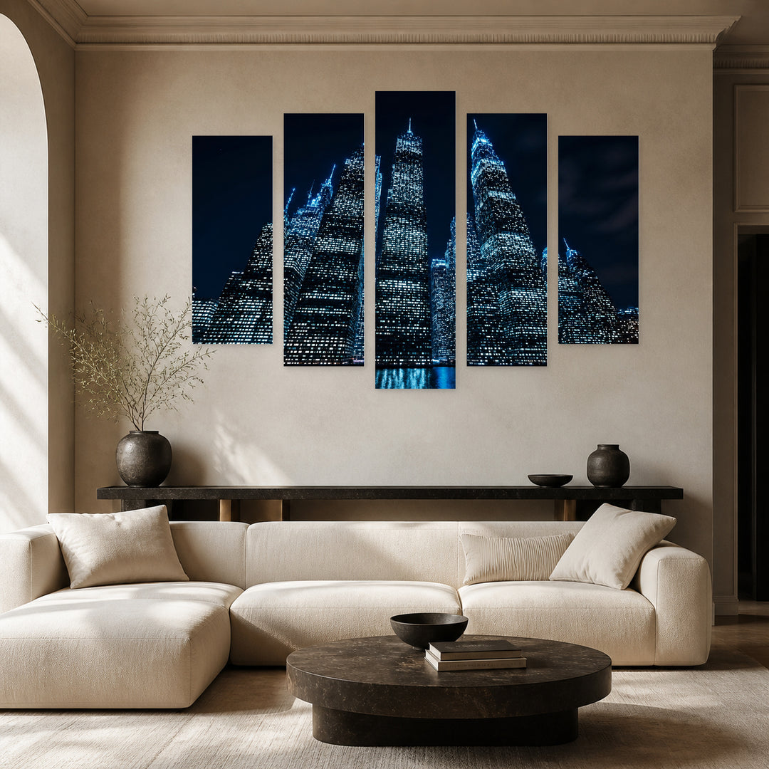 Panorama of NY with Blue Lights at Night — five-panel wall art in alternate frontal interior | 5wallart 52096 M4