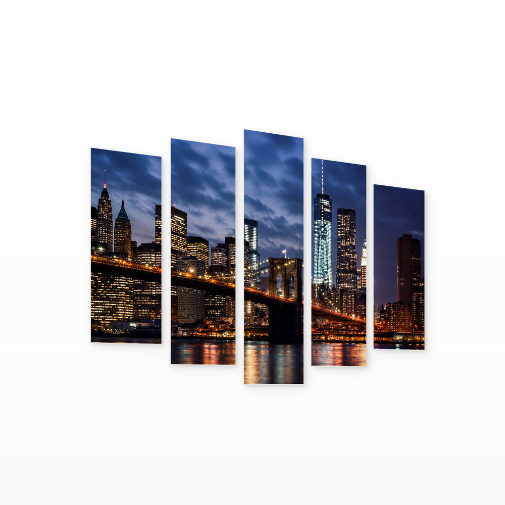Manhattan with Lights and Reflections at Night — five-panel wall art on white background in perspective | 5wallart 52098 M1