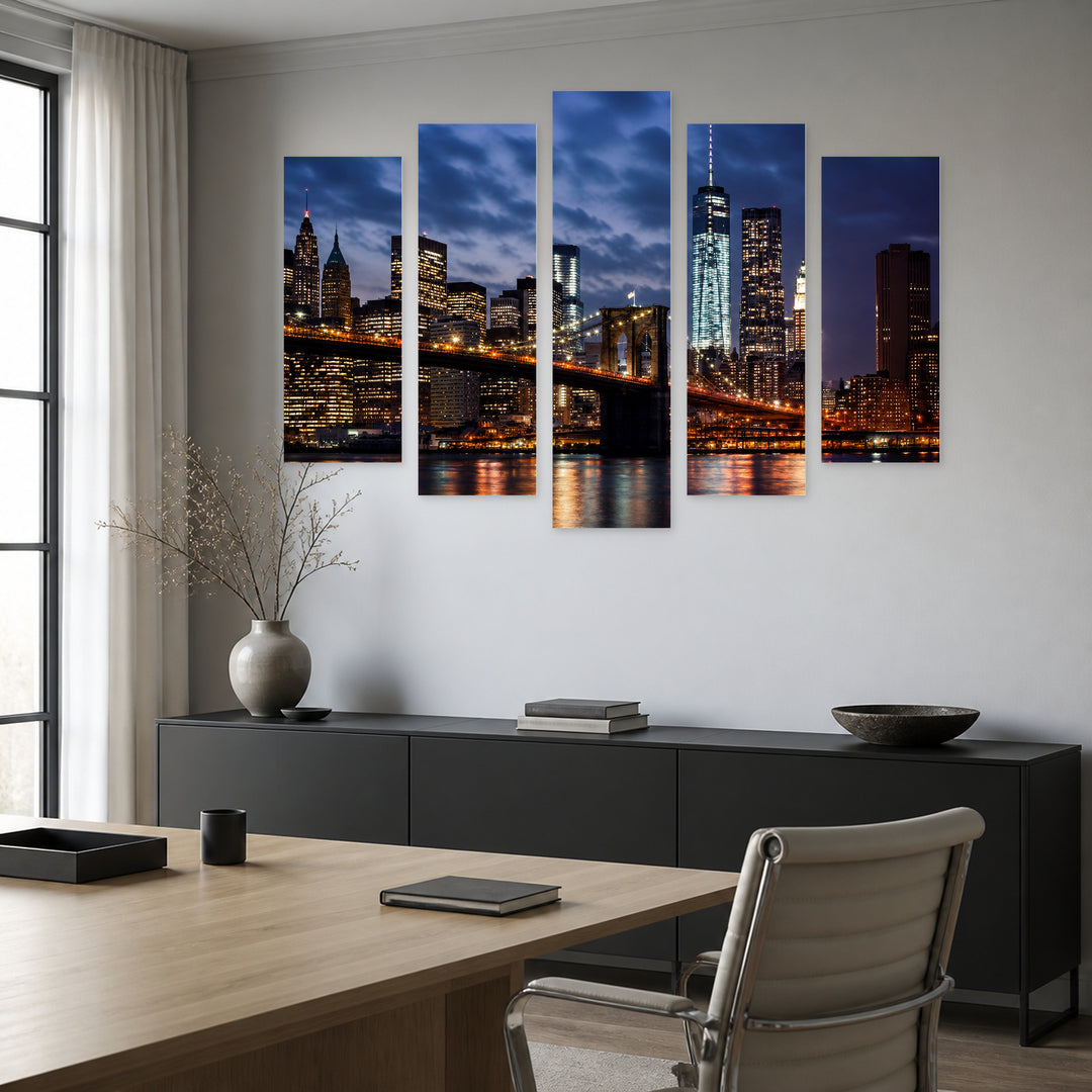 Manhattan with Lights and Reflections at Night — five-panel wall art in frontal interior | 5wallart 52098 M3