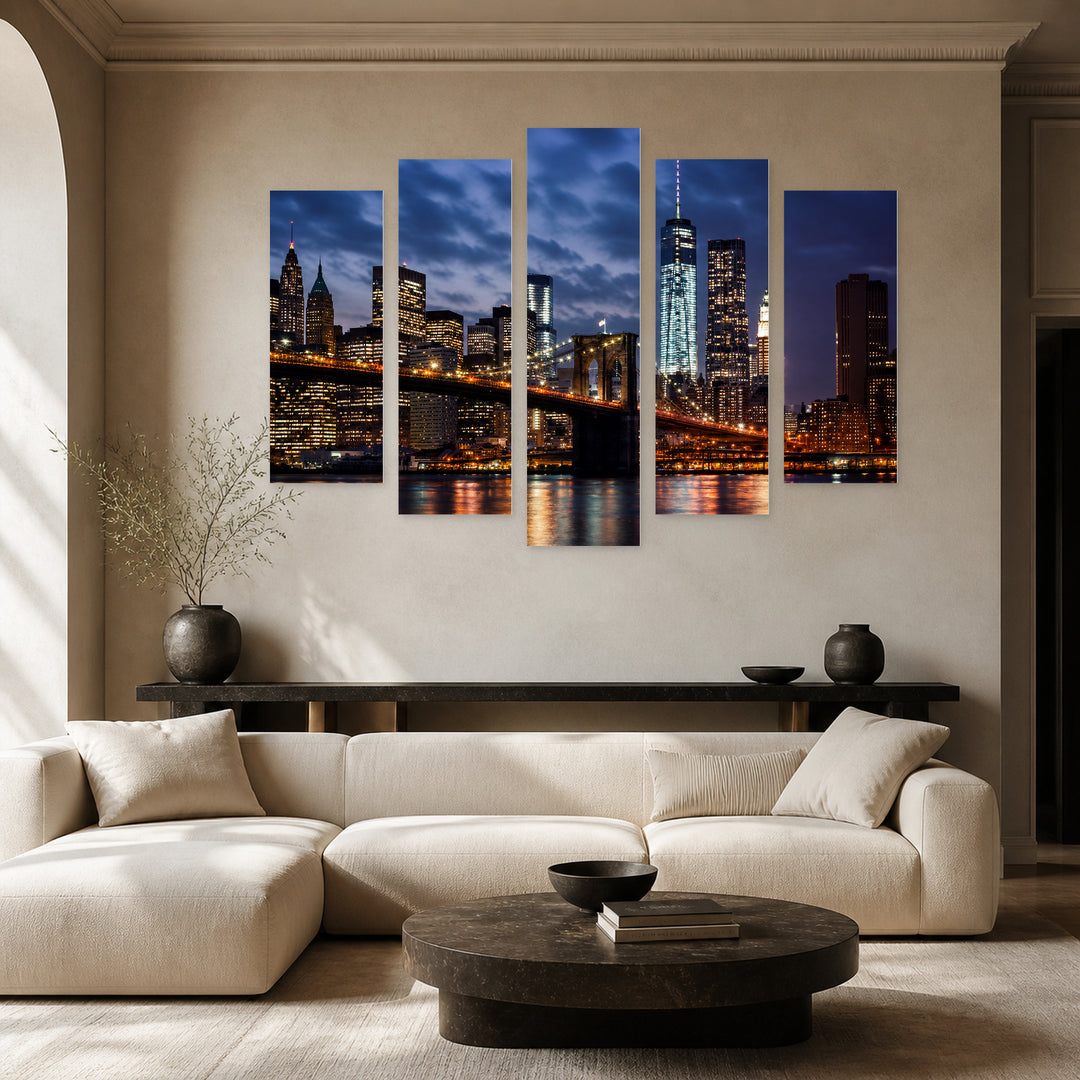 Manhattan with Lights and Reflections at Night — five-panel wall art in alternate frontal interior | 5wallart 52098 M4
