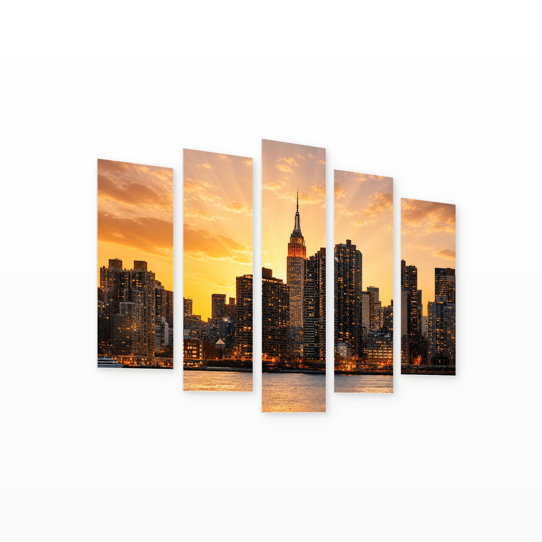 Golden Sunset over Silhouette of Manhattan — five-panel wall art on white background in perspective | 5wallart 52099 M1
