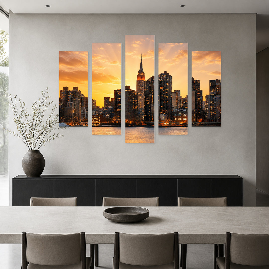 Golden Sunset over Silhouette of Manhattan — five-panel wall art in alternate frontal interior | 5wallart 52099 M4