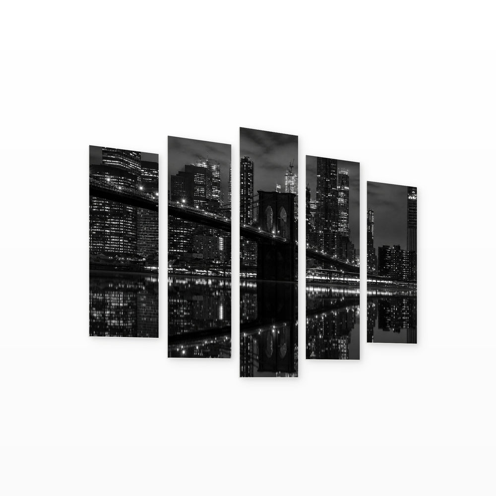 Black and White Night View of the Brooklyn — five-panel wall art on white background in perspective | 5wallart 52102 M1