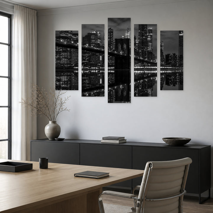 Black and White Night View of the Brooklyn — five-panel wall art in frontal interior | 5wallart 52102 M3