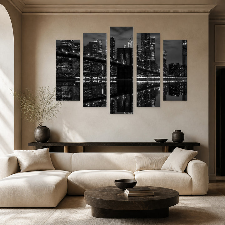Black and White Night View of the Brooklyn — five-panel wall art in alternate frontal interior | 5wallart 52102 M4