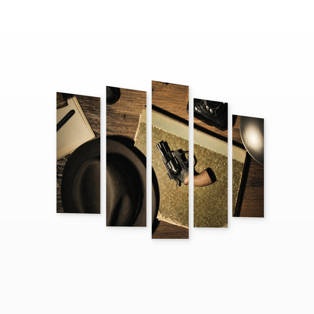 Detective Vintage Desk with Dramatic Contrast — five-panel wall art on white background in perspective | 5wallart 52103 M1