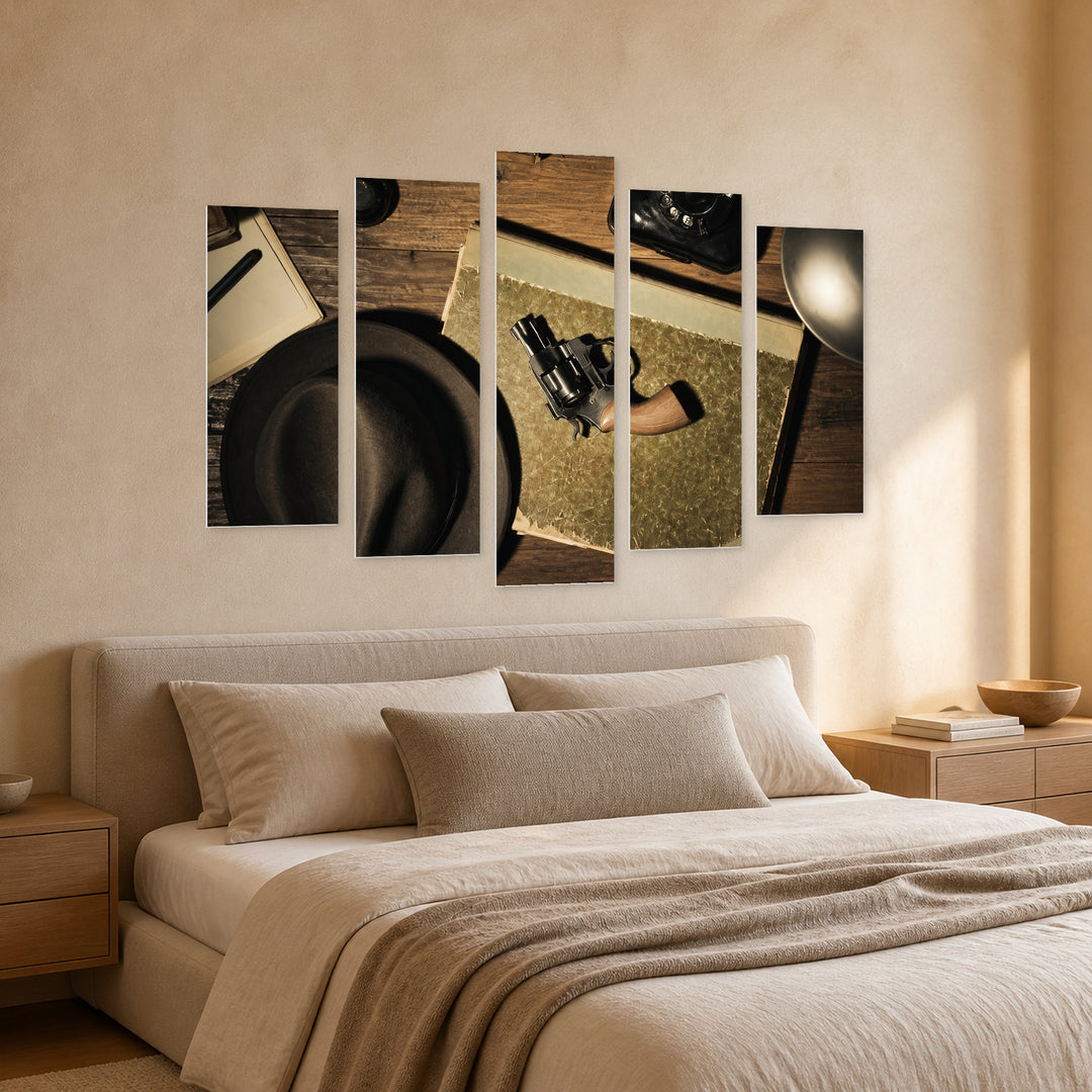 Detective Vintage Desk with Dramatic Contrast — five-panel wall art in perspective interior | 5wallart 52103 M2