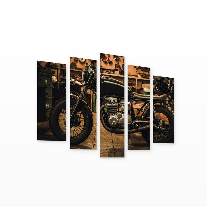 Vintage Motorcycle Motion Study — five-panel wall art on white background in perspective | 5wallart 52109 M1