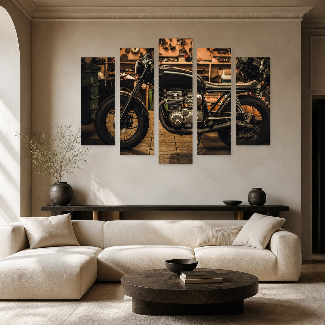 Vintage Motorcycle Motion Study — five-panel wall art in frontal interior | 5wallart 52109 M3