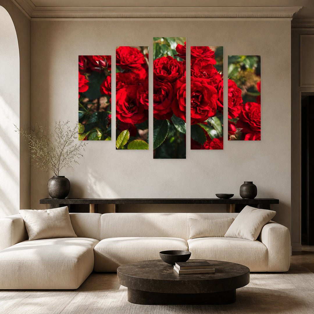 Red Roses Art Study — five-panel wall art in alternate frontal interior | 5wallart 52110 M4