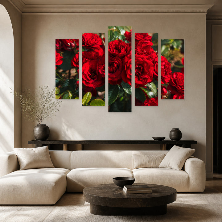 Red Roses Art Study — five-panel wall art in alternate frontal interior | 5wallart 52110 M4