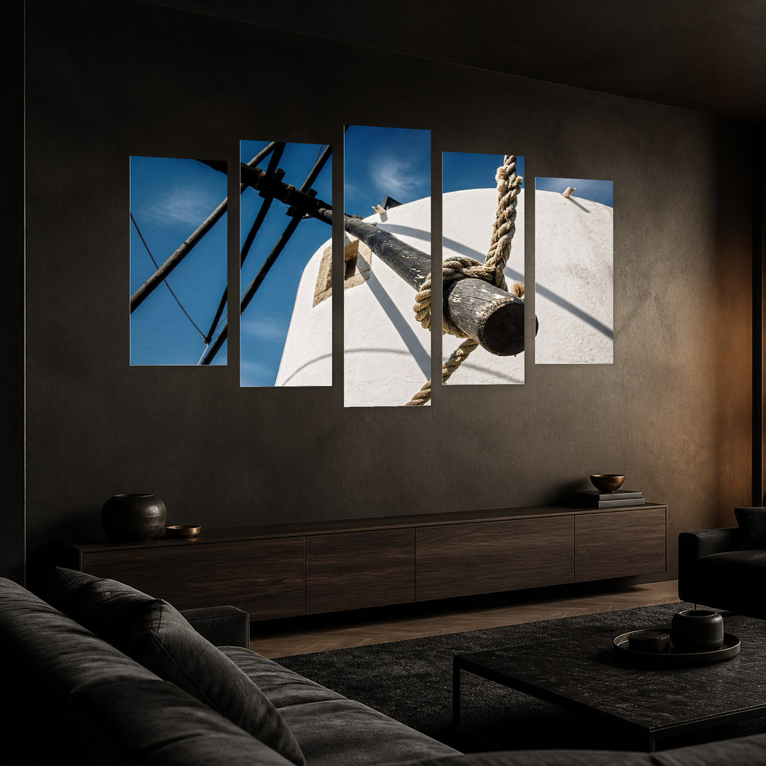 Detail of a Windmill in Blue and Gold — five-panel wall art in perspective interior | 5wallart 52111 M2