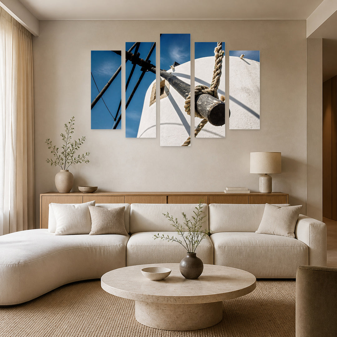 Detail of a Windmill in Blue and Gold — five-panel wall art in frontal interior | 5wallart 52111 M3