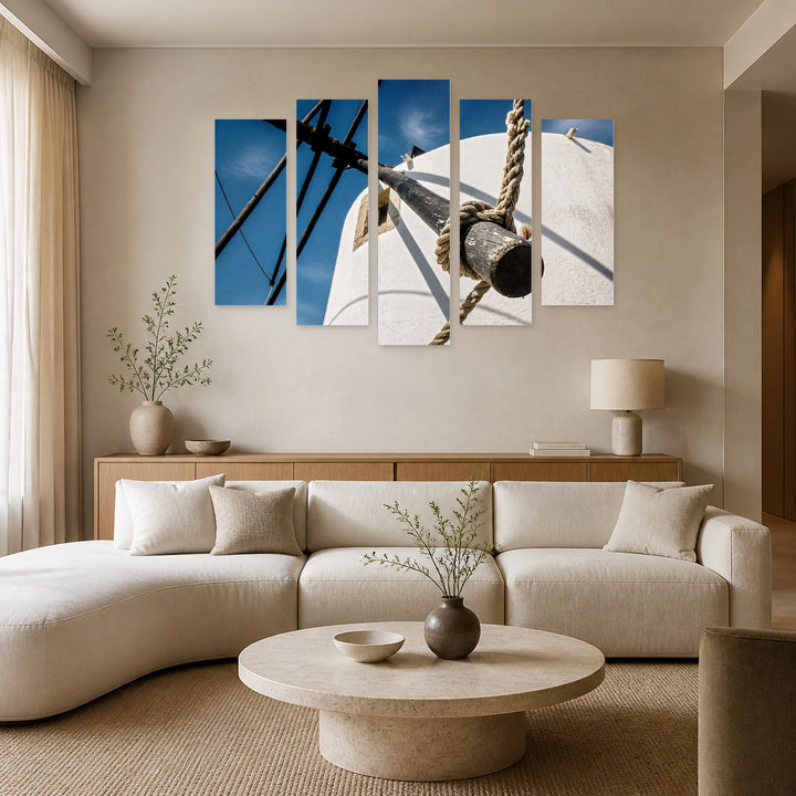Detail of a Windmill in Blue and Gold — five-panel wall art in frontal interior | 5wallart 52111 M3