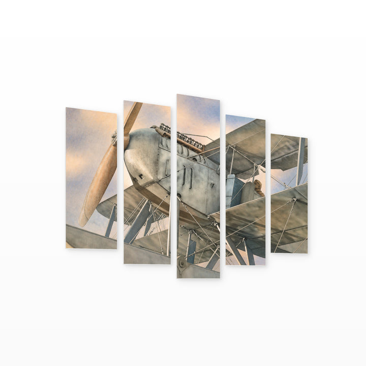 Detail of an Old Biplane in Soft Pastels — five-panel wall art on white background in perspective | 5wallart 52112 M1