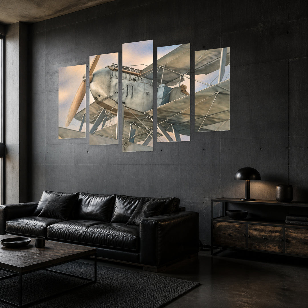 Detail of an Old Biplane in Soft Pastels — five-panel wall art in perspective interior | 5wallart 52112 M2