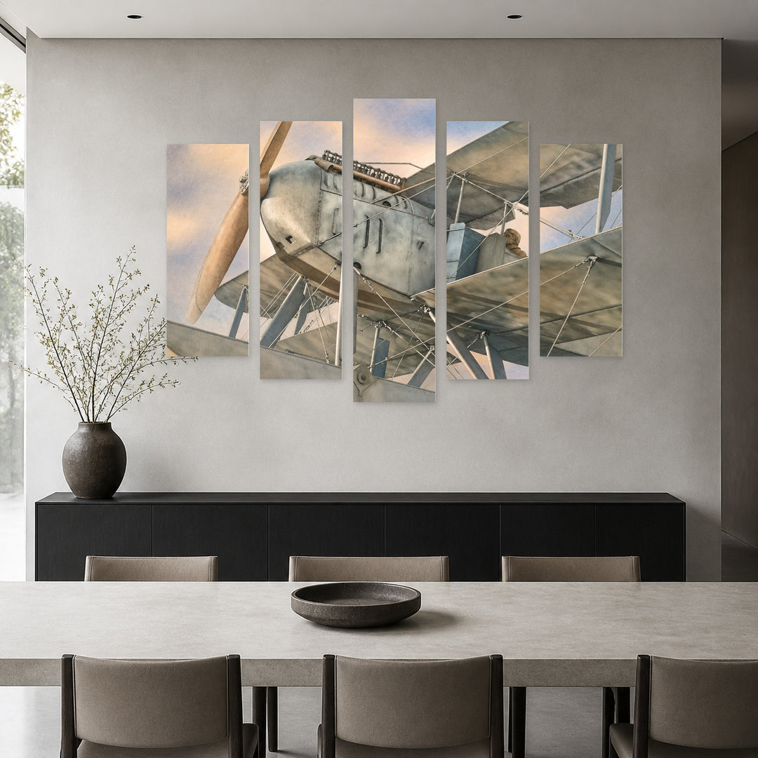 Detail of an Old Biplane in Soft Pastels — five-panel wall art in frontal interior | 5wallart 52112 M3
