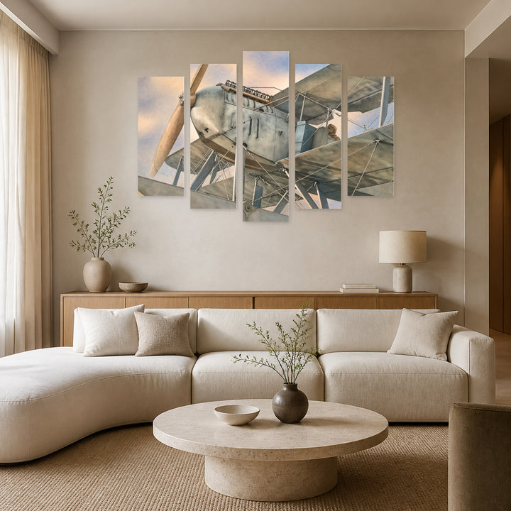 Detail of an Old Biplane in Soft Pastels — five-panel wall art in alternate frontal interior | 5wallart 52112 M4