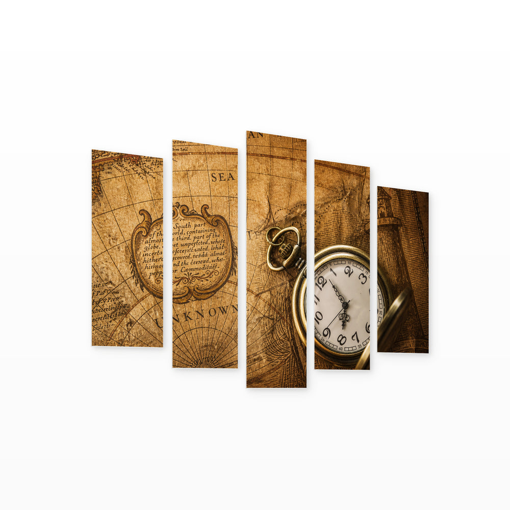Pocket Watch on a Vintage Map Vintage Study — five-panel wall art on white background in perspective | 5wallart 52122 M1